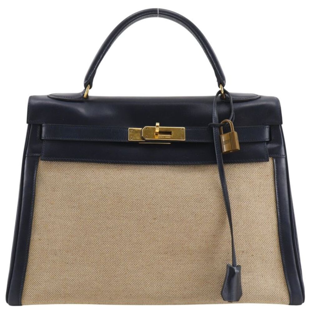 Hermes Kelly Black Box Calf With Gold Hardware Beige Canvas Handbag